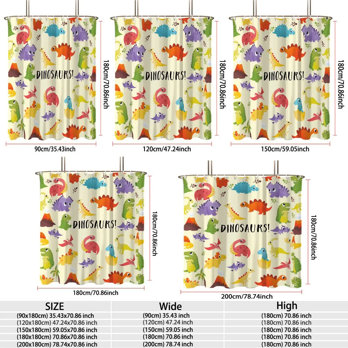 Kids Cartoon Dinosaur Shower Curtain Polyester Digital Printing Colorful Various Cute Dinosaurs, Volcano And Palm Plants