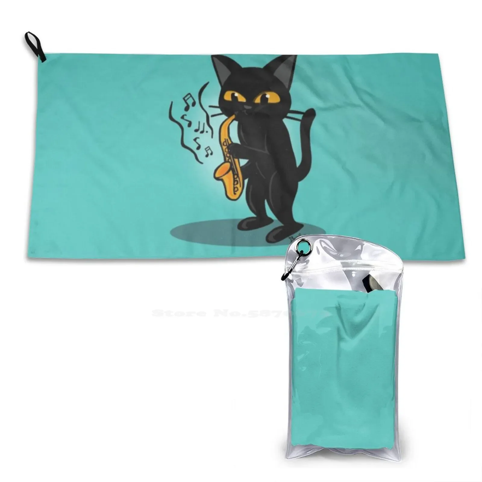 Saxophone Custom Soft Bathroom Towels Home Outdoor Kitten Feline Black Cat Black Kitty Cute Lovely Adorable Saxophone Music