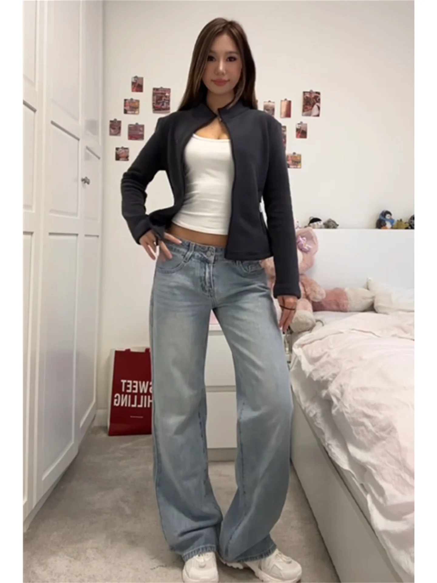 

Light Blue Low Waist Straight Leg Jeans Women's Loose Slimming Long Tall Extended Wide Leg Floor Length Pants Casual Style