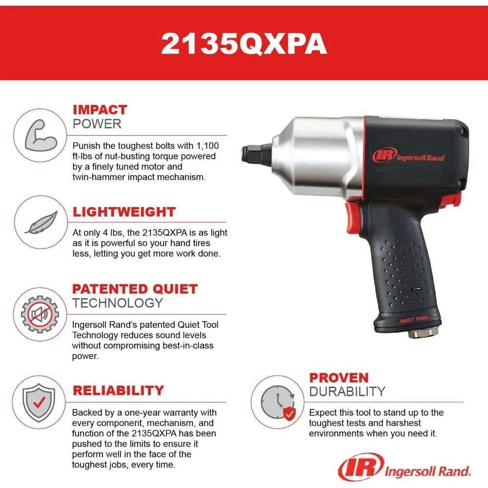 Ingersoll Rand 2135QXPA Half-Inch Quiet Air Impact Wrench with 1100 ft-lbs Torque for Nut Removal