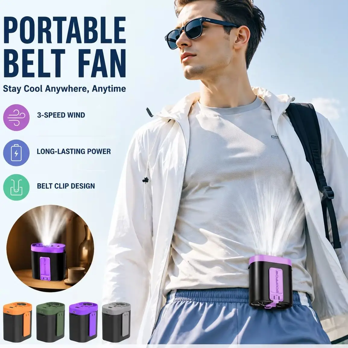 Portable Waist Clip Fan with Lighting Function Wearable Mini USB Rechargeable Hanging Fan for Outdoor Working and Camping4000Mah