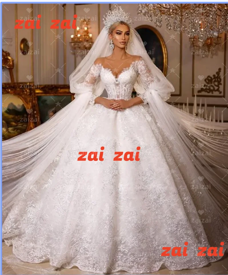 

Customized Gorgeous O-neck Long Sleeve Wedding Dress Full Lace Princess Sparkly Bridal Gowns Robe Vestidos De Novia