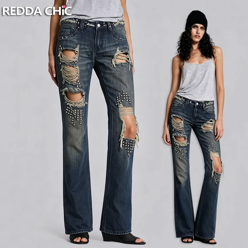 

REDDACHiC Distressed Studded Jeans for Women Y2K Vintage Tall Girl Low Rise Raw Hem Holes Bootcut Denim Pants Punk Streetwear
