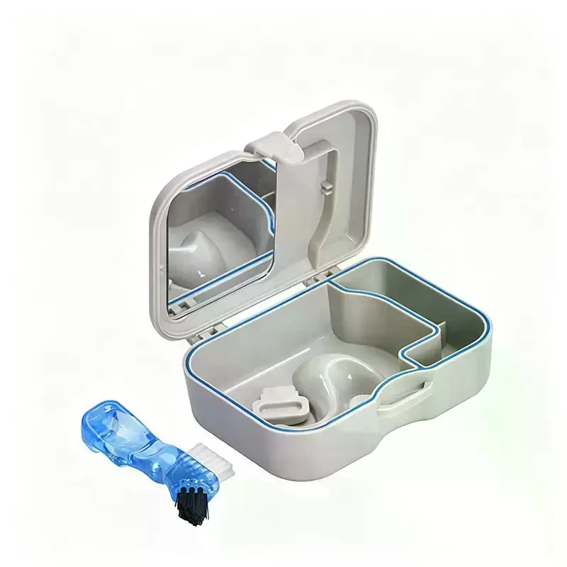 Portable Denture Storage Box with Mirror & Cleaning Brush Dustproof Leakproof Denture Organizer for Outdoor Travel Use