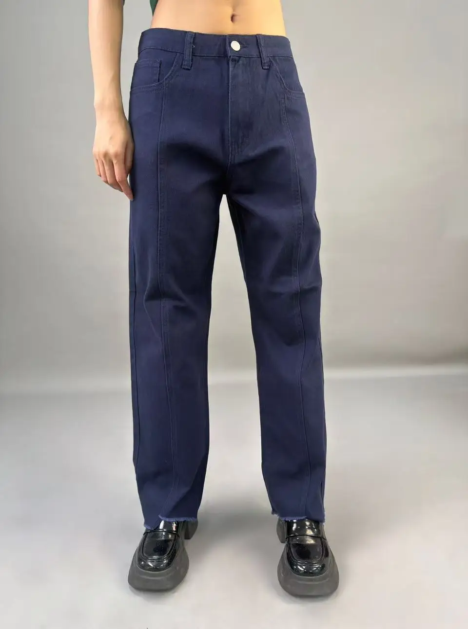 

American retro deep blue straight leg pants spring new high waist slimming casual versatile pants