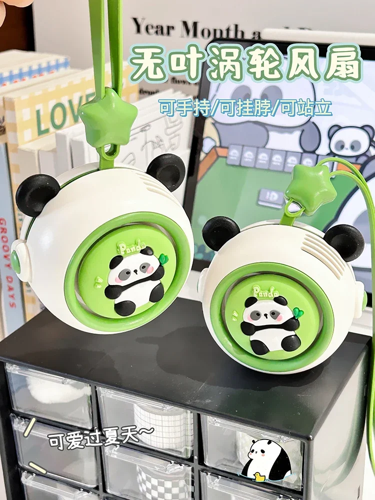 USB/110V/220V Cute Panda Neck-hanging Bladeless Fan, Portable USB Silent Fan for Students