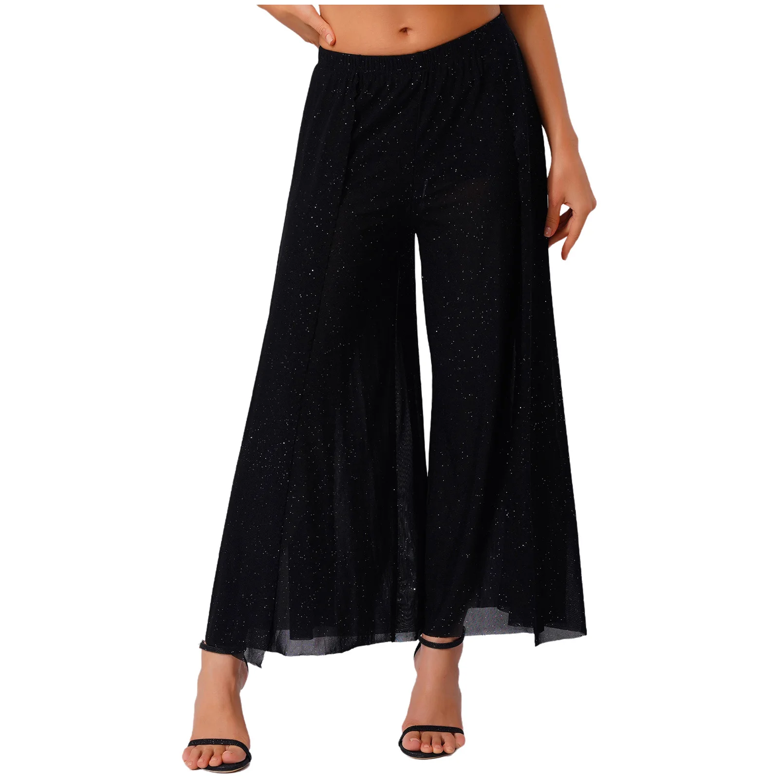 女性きらめくメッシュワイドレッグパンツ弾性ウエストサイドスリット内蔵ショーツロングパンツベリーダンススクエアダンスパフォーマンス用