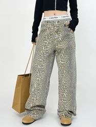 HOUZHOU-pantalones vaqueros con estampado de leopardo para mujer, pantalón holgado informal de pierna ancha, estilo Hip-hop, Grunge, Y2k