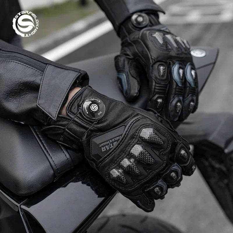 

SFK New Full Finger Motorcycle Gloves Real Goat Leather Non-slip Wear-resistant Carbon Fiber Protection Knob Adjust Touch Screen