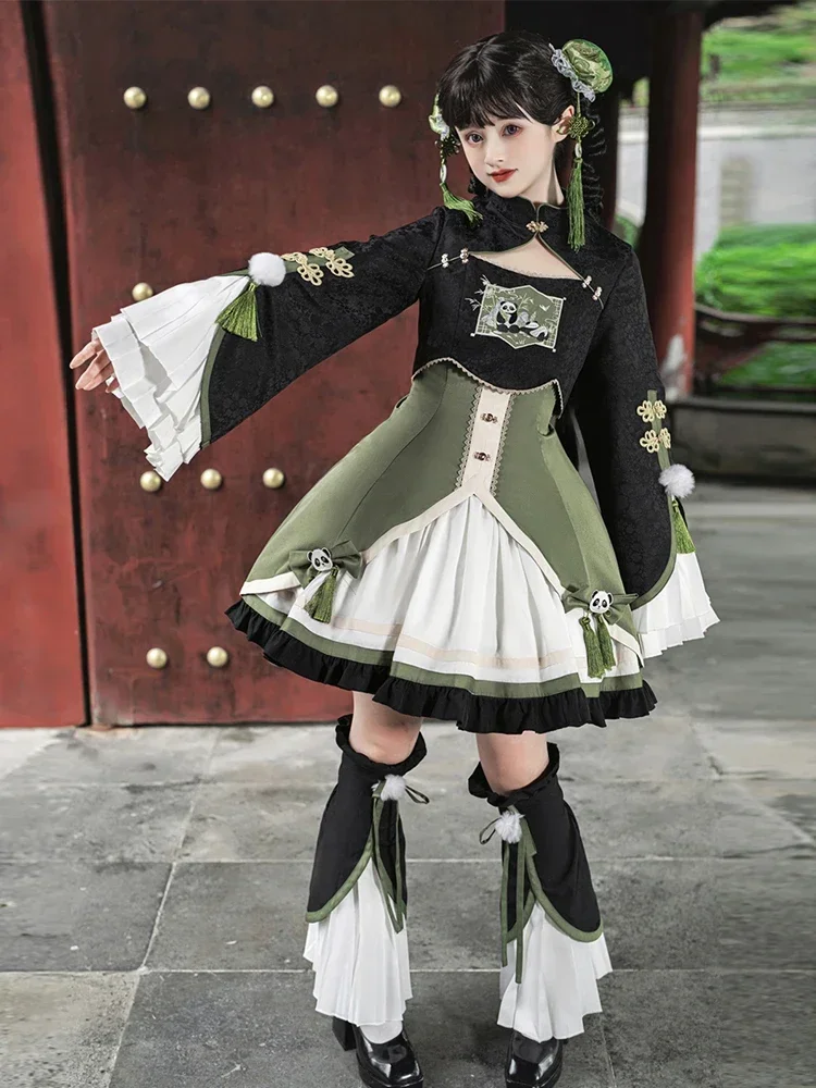 Herfst En Winter Lolita Kung Fu Roll Schattige Panda Chinese Vintage Plaat Knoop Korte Mouw Lange Mouw Prinses Stijl Jurk