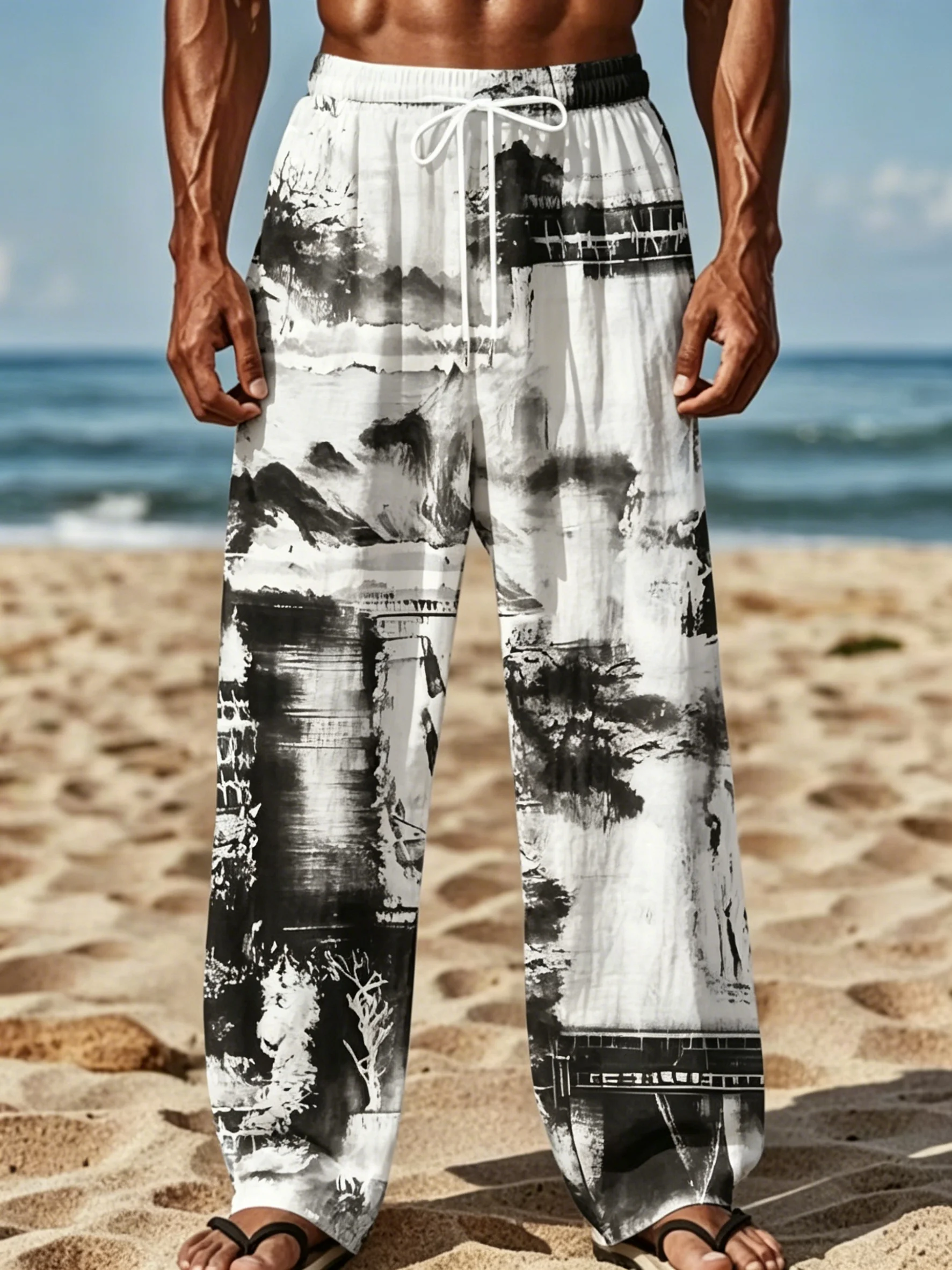 

Men's Spring Summer Casual Pants, Black & White Ink Wash Landscape Print Drawstring Trousers for Daily Street Holiday Outfit