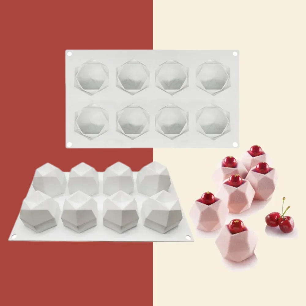 Molde de bolo de silicone poligonal com 8 cavidades, diamante, sobremesa francesa, mousse, bandeja de pastelaria, molde de vela, muffin, ferramentas de cozimento