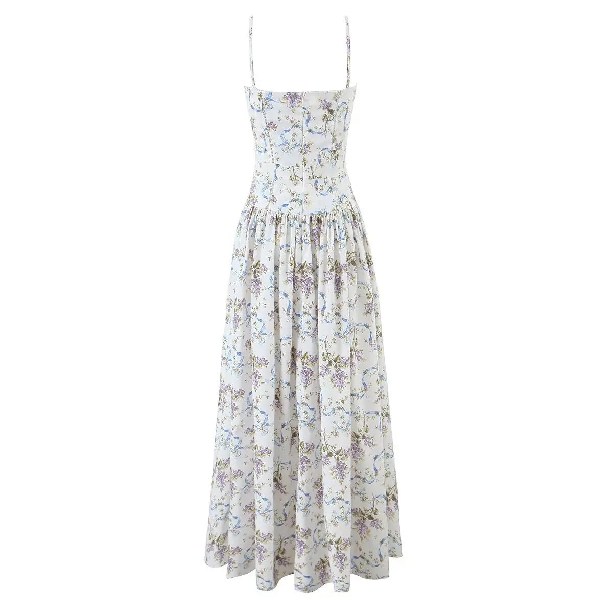 French Print Flowers Spaghetti Straps Sleeveless Holiday Long Dress