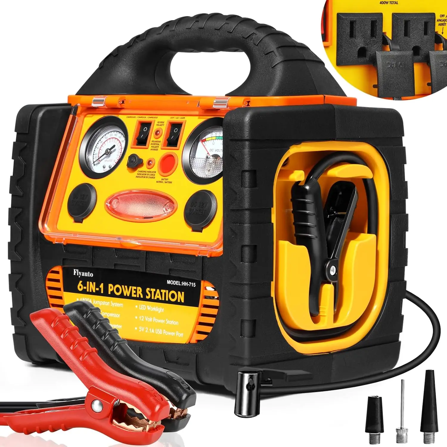 

1800A Portable Jump Starter with Air Compressor, 150PSI for Gas/Diesel Engines, 400W Power Station AC/DC/USB