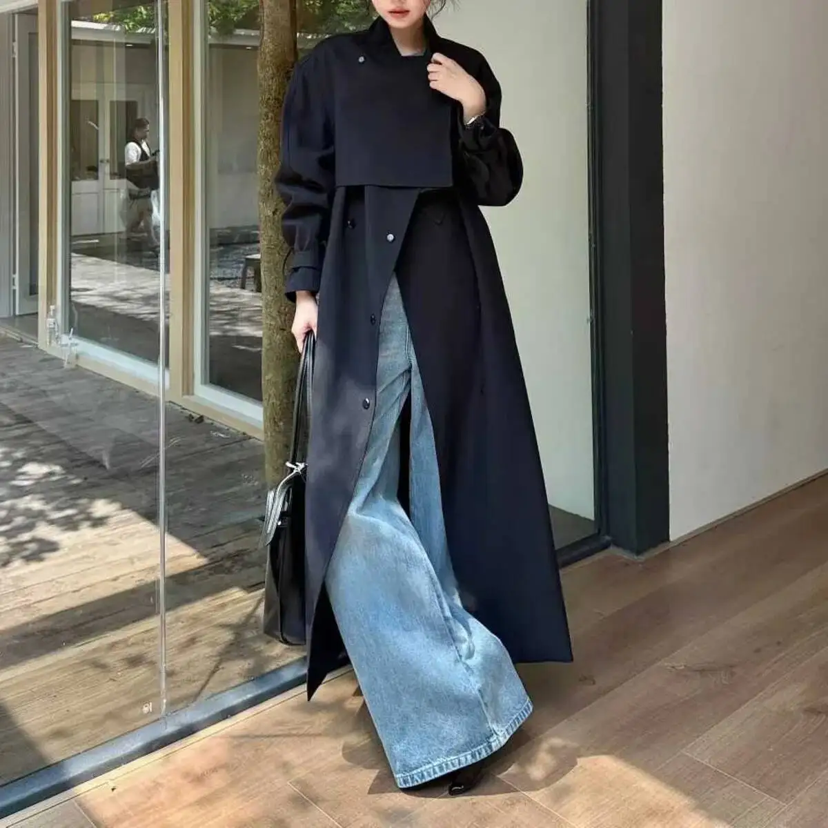 KWTX 2025 秋冬新作 ベルト付きスタンドカラー無地ロングトレンチコート ポケット付き カジュアルでおしゃれで快適なハイタイプ