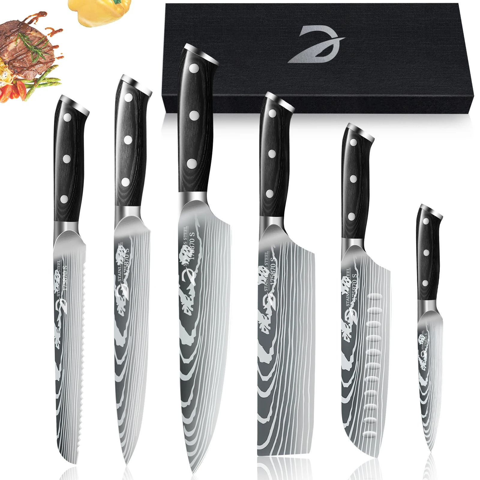 

6PCS Kitchen Knife Set Utility Cleaver Chef Bread Knives High Carbon Geman Steel Stainless Steel Cooking Knife