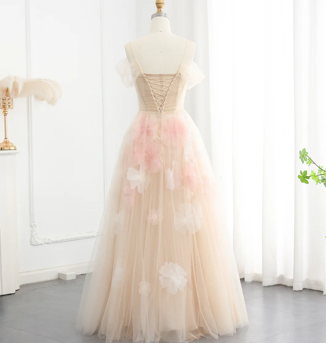 Romantisches schulterfreies Abendkleid, rosa Ballkleider, Schnürung am Rücken, bodenlanges Partykleid mit Perlen und 3D-Blumenmuster