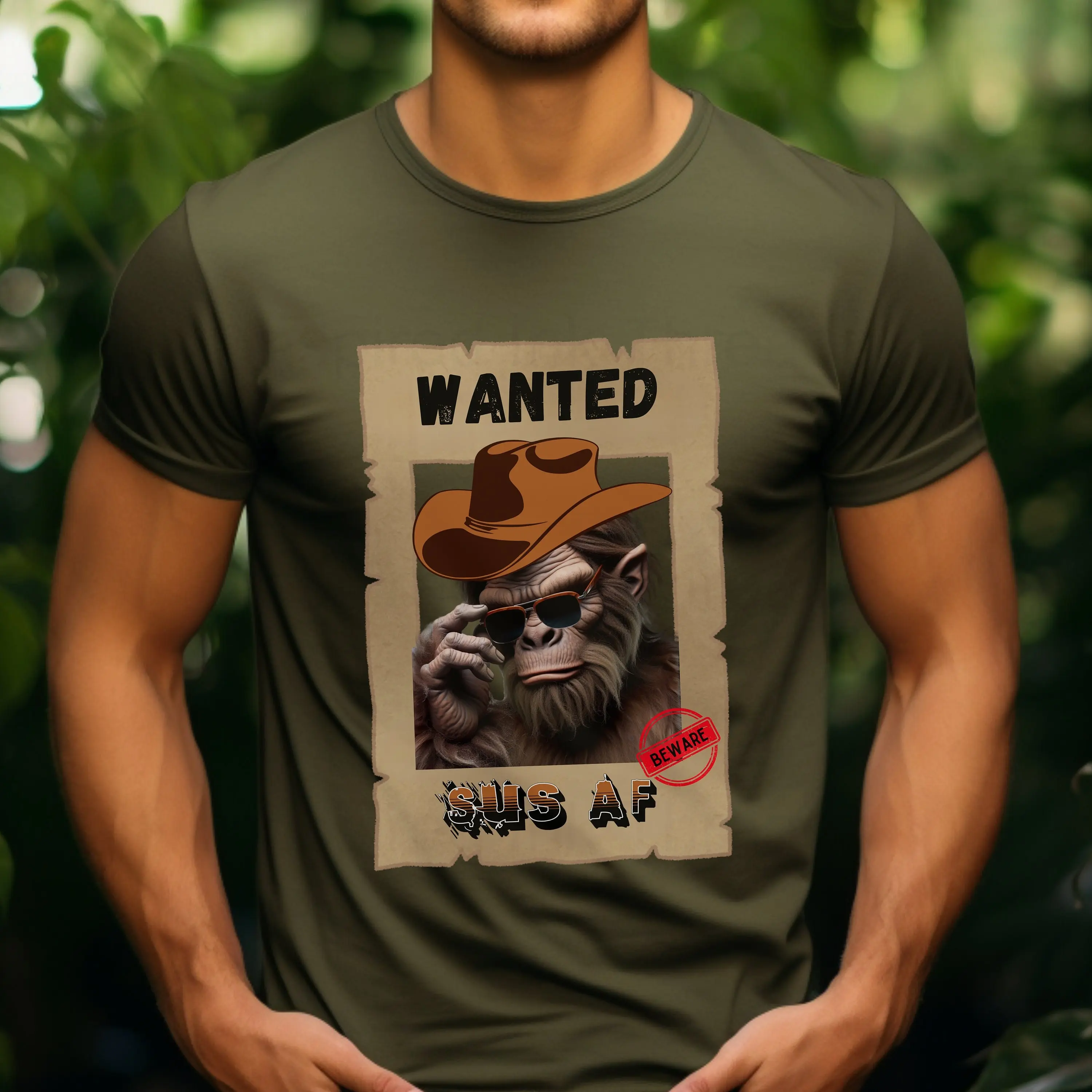 Bigfoot T Shirt Beware Of Wanted Sus Af Humorous Funny Sarcastic Cowboy Ed