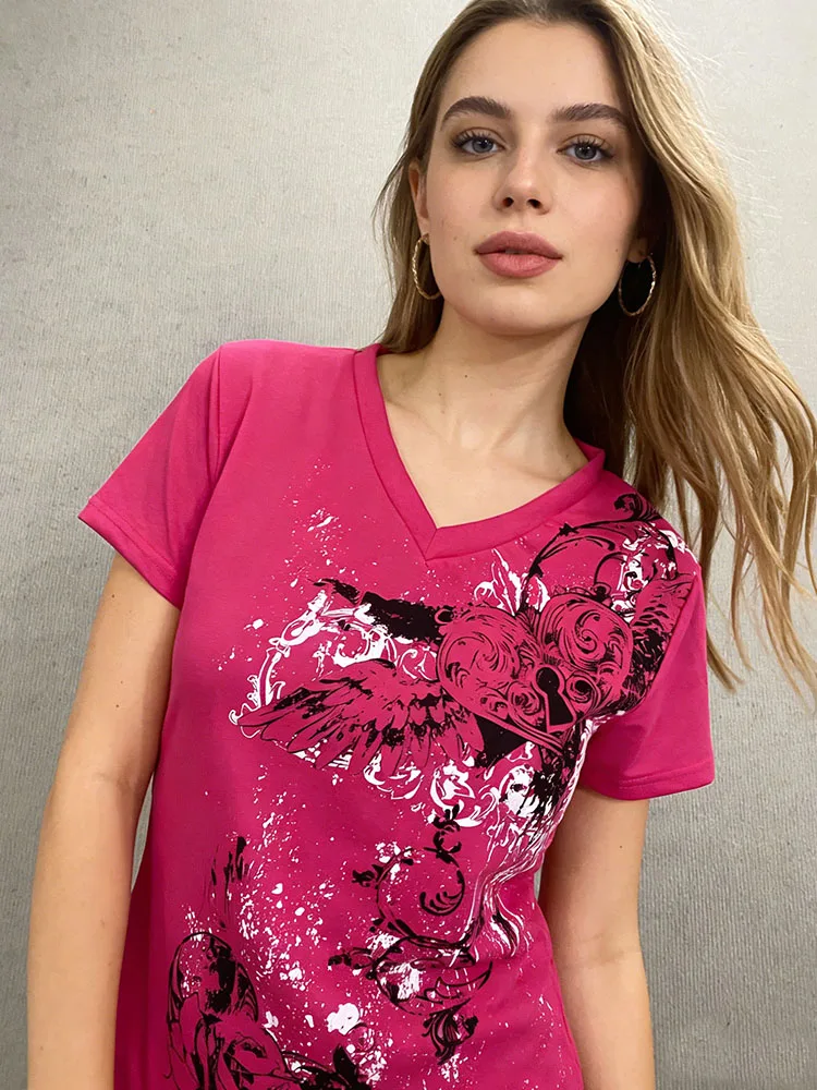

2026 Women's Summer Fashion Trend New Product Dark Printed Harajuku Ins High Street V-neck Slim fit Head T-shirt Y2k Clothing