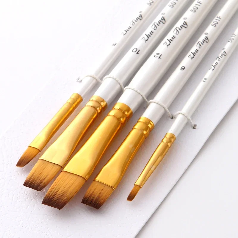 5 Piece Art Paint Brush Sets Nylon Hair White Handle Artist Brush Acrylic and Oil Paint Watercolor Brush