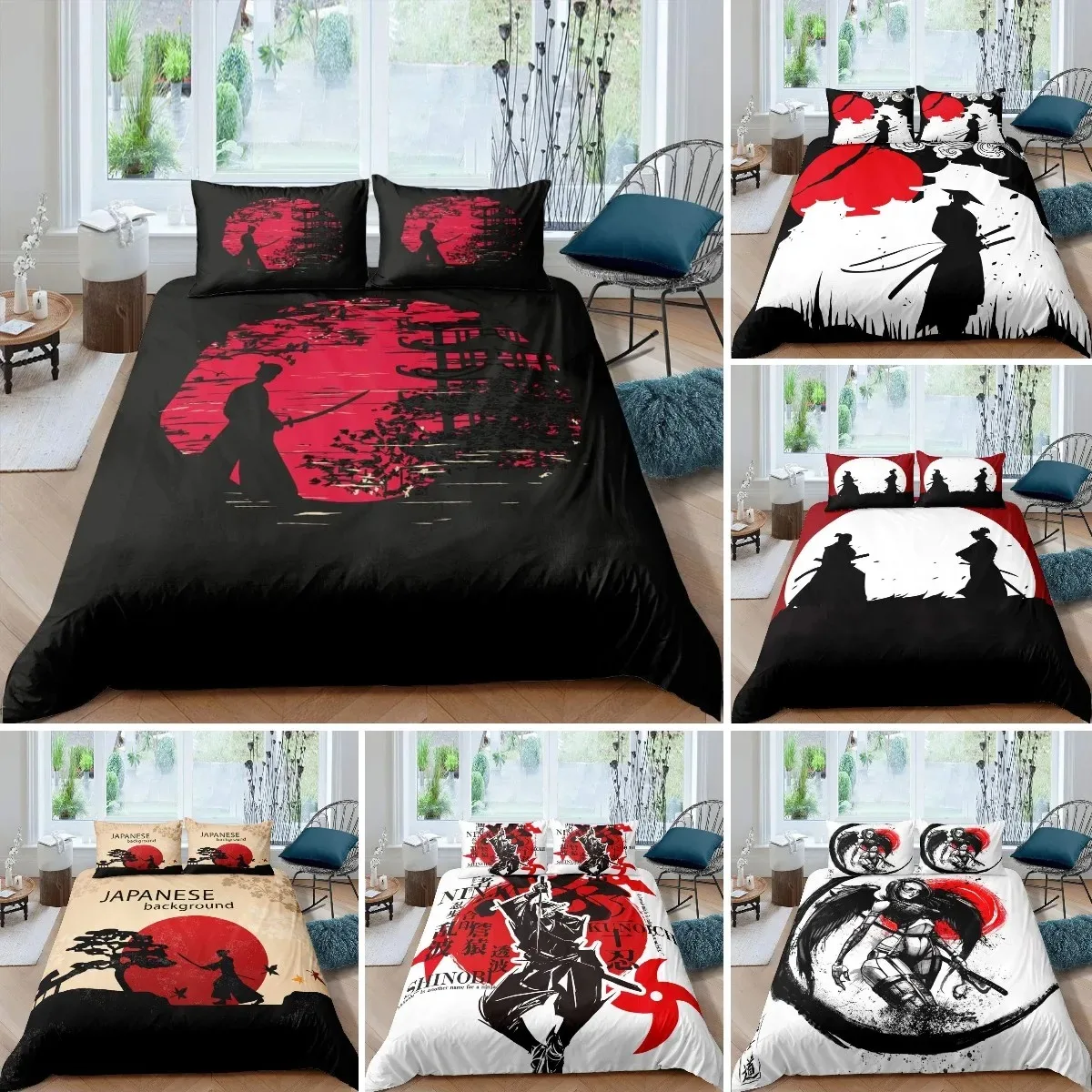 

Japanese Samurai Bedding Set, Japan Sunset Landscape Building Silhouette Duvet Cover For Men Teens, Black Red