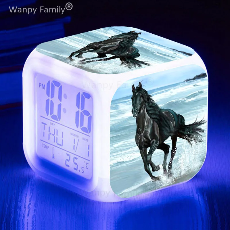 7 Color Changing Black Horse LED Digital Alarm Clock Boys Girls Gifts Students Bedroom Portable Desk Clock with Thermometer