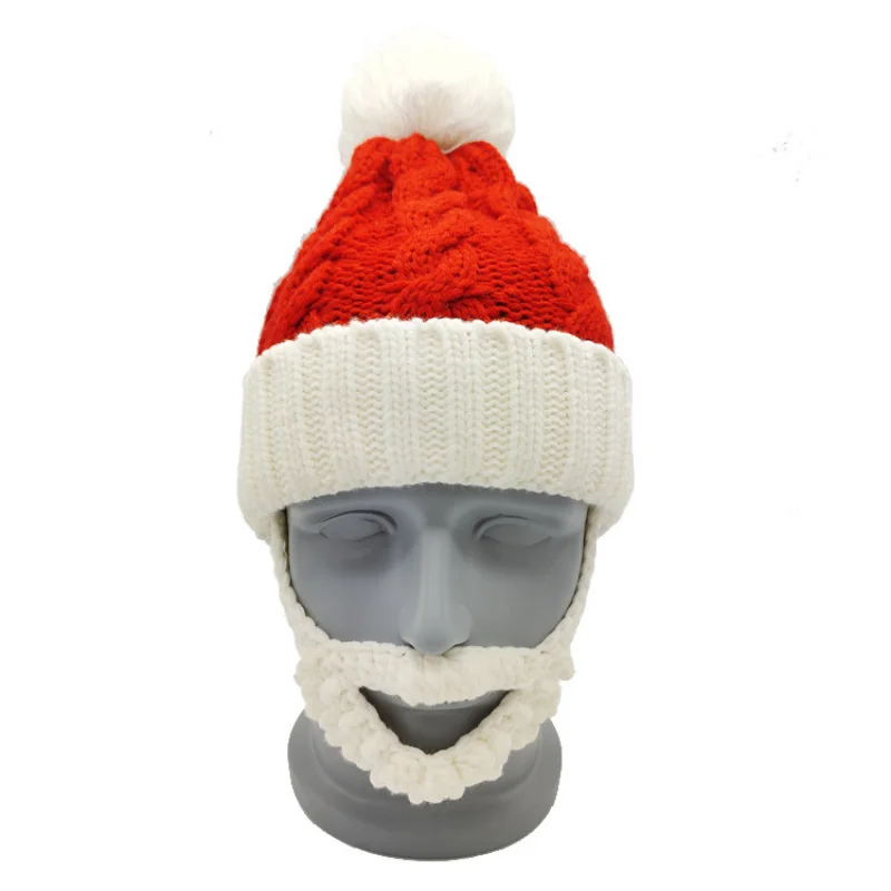 Hombre mujer Navidad rojo y blanco Santa gorro tejido vacaciones Año nuevo decoración barba gorros con pompón