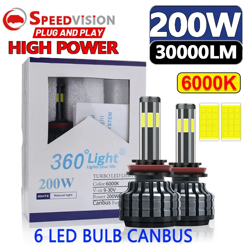 

H4 LED Headlight 6000K 200W H8 H3 H7 H9 9006 HB4 9005 HB3 H4 H11 h1 10/6 Six Led Headlight Turbo Bulb Lights For Fog Lights 12V