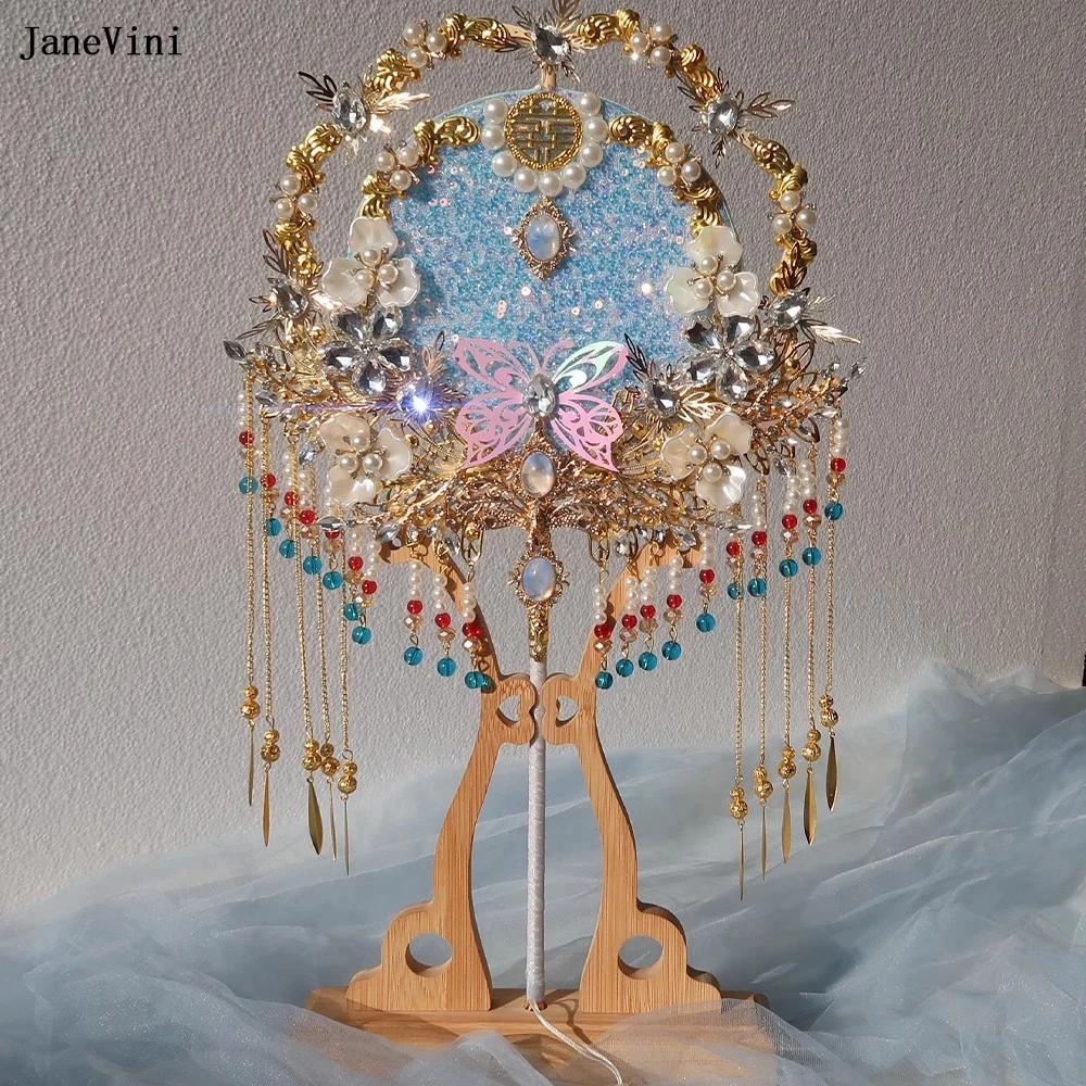 JaneVini 2024 Charming Blue Bridal Bouquets Fan Long Handle Bling Crystal Beaded Metal Fans Jewelry Chinese Wedding Accessories