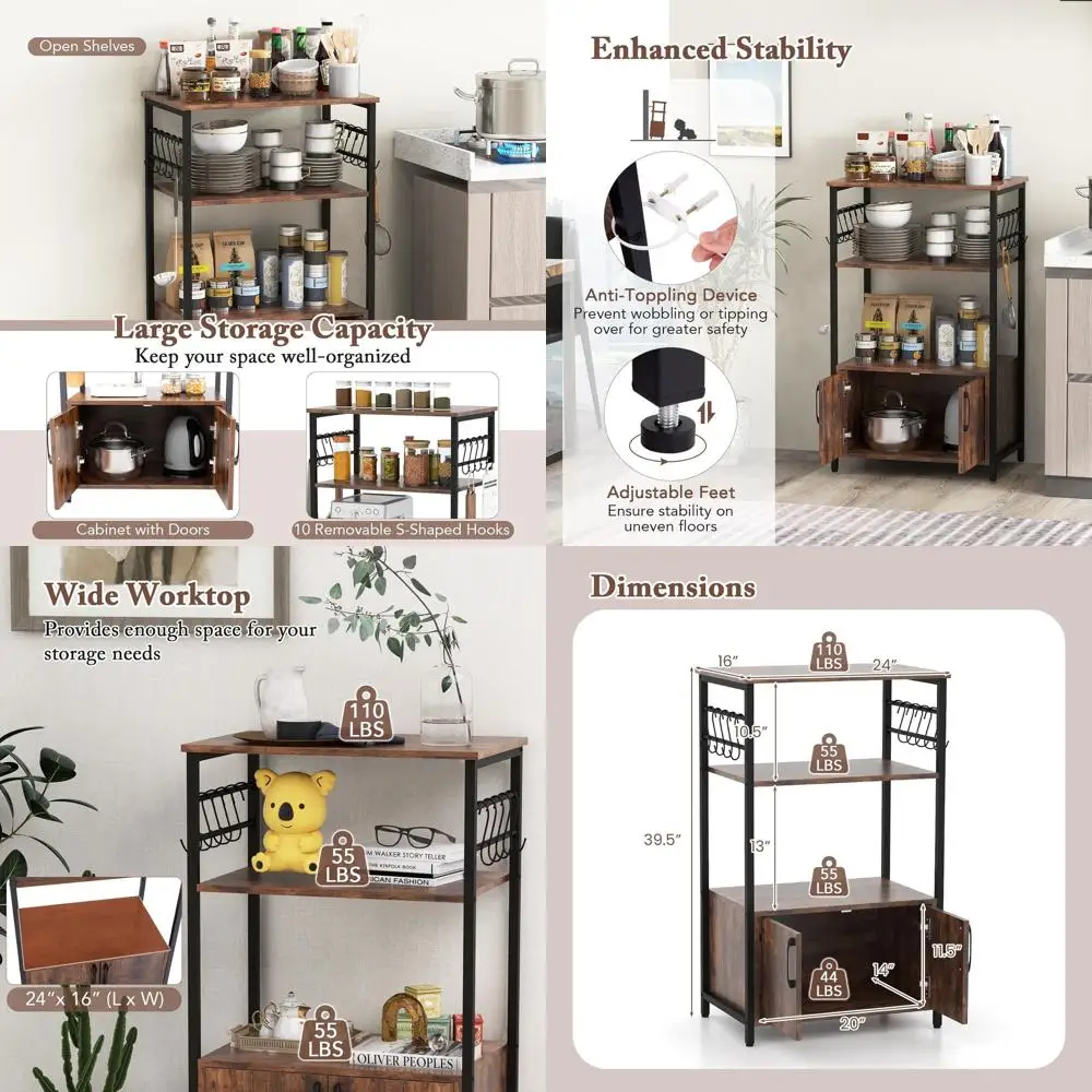 

Трехуровневая подставка для микроволновой печи в индустриальном стиле с отсеками для хранения, открытыми полками и 10 съемными крючками для кухни, гостиной или ванной комнаты