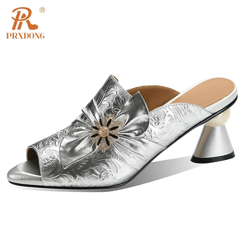 PRXDONG New Elegant Genuine Leather Summer Shoes Woman Sandals Silver High Heels Open Toe Dress Party Wedding Lady SHoes 34-40