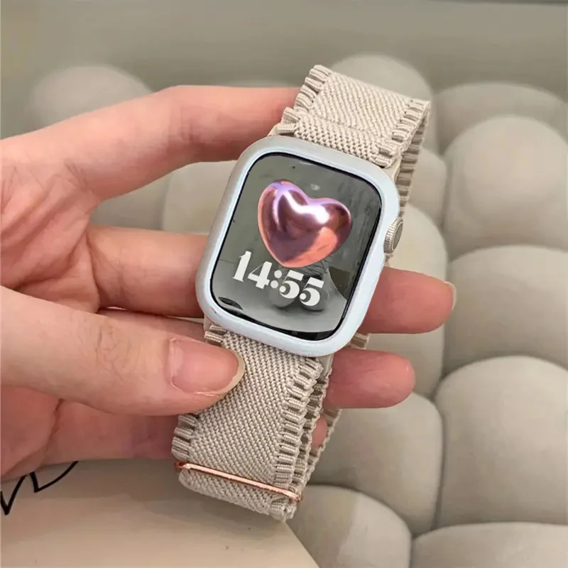 애플 워치용 한국 귀여운 나일론 탄성 스트랩 밴드, Ultra2 49mm 45mm 44 41 42 Correa 조절식 밴드, 아이워치 시리즈 9 8 SE