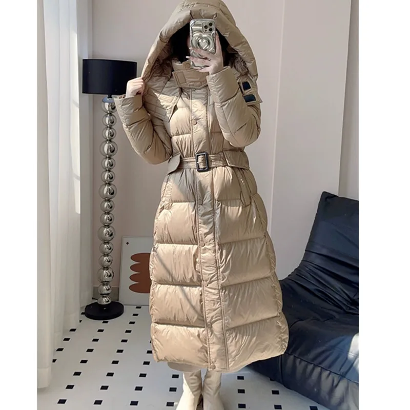 أسود 90% أسفل الأبيض بطة أسفل سترة 2025 شتاء موضة جديدة مزاجه سليم مقنعين أسفل معطف الإناث سترة دافئة معطف طويل