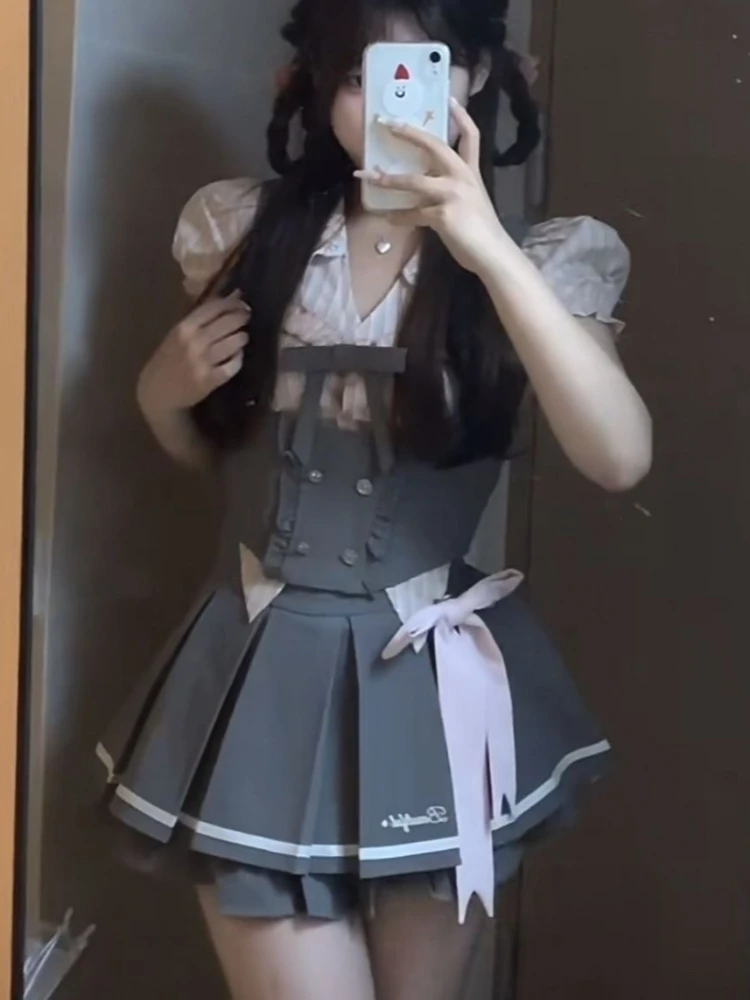 

Sweet Fashion Preppy Style 3 Piece Sets Women Bubble Sleeves Shirt + Ruffled Vest + Pleated Skirts Japanese Vintage Chic Outfits