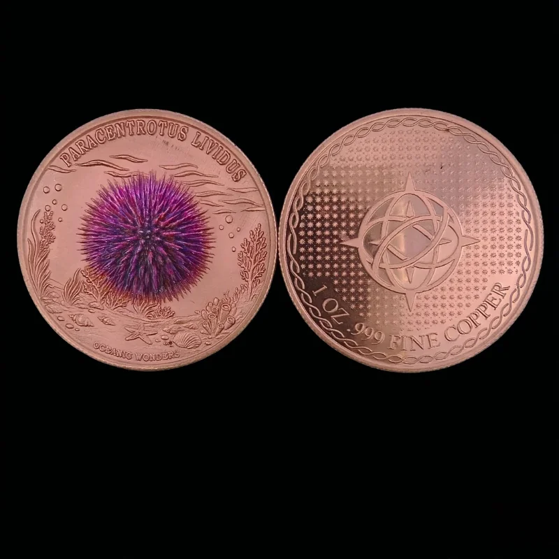 1 oz .999 Fine Copper Sea Urchin Round Paracentrotus Lividus Oceanic Wonders Compass Coral Colorized Art Collectible Gift