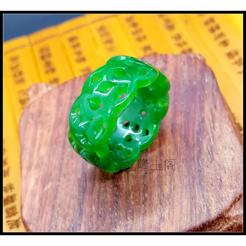 

Natural Jadeite Dry Green Jade Hollow Carved Ring for Men and Women Iron Dragon Green Jade Lucky Jade Ring