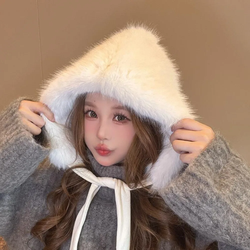 

Cute Versatile Ear Protection Hat Thickened Warm Balaclava with Straps Windproof Imitation Mink Fur Cap for Women