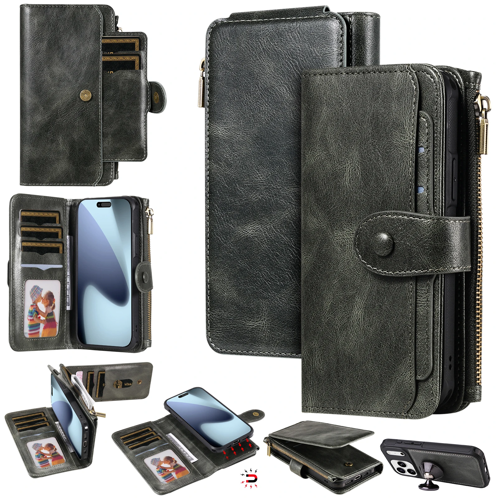 

Чехол для телефона iPhone 17 Pro Max, кошелек из искусственной кожи на молнии, съемный чехол - зеленый