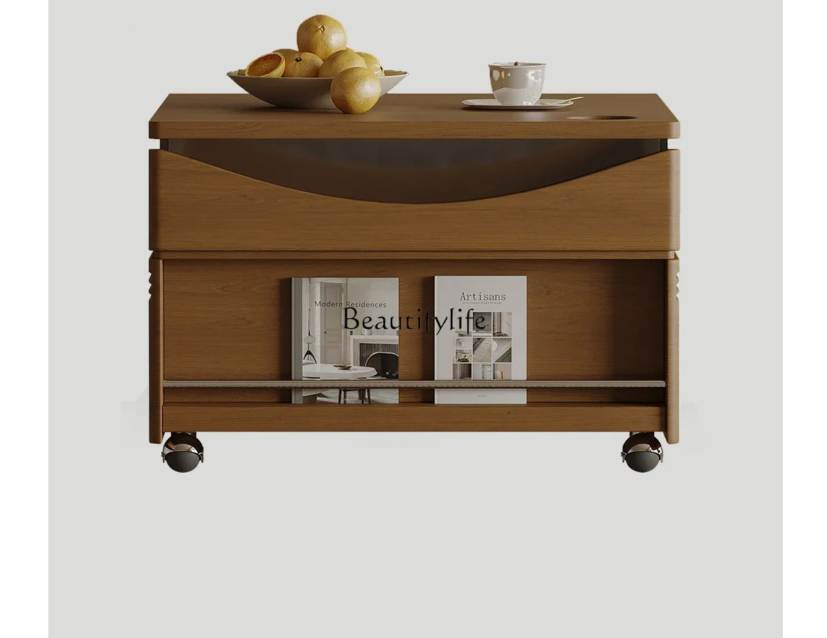 

LJY*Retro solid wood small apartment coffee table living room home medium and ancient style movable lifting cherry wood tea tabl