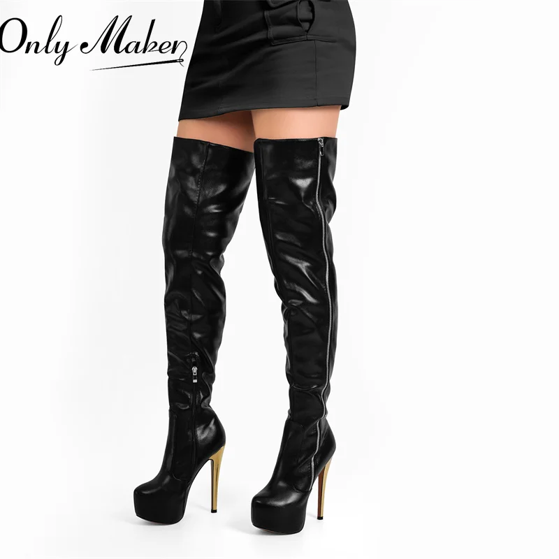 Onlymaker Female Platform Over The Knee Boots Thin High Heel Lady Zipper Fashion Sexy Black Women  Winter Boots