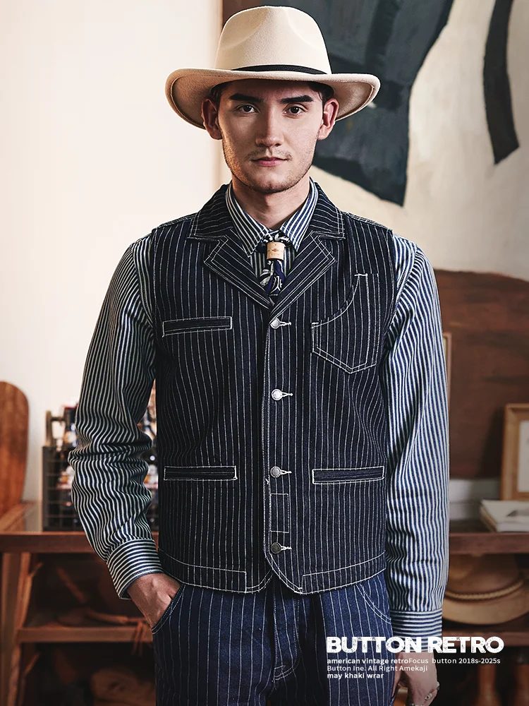 American Retro Hunting Vest Heavyweight Striped Suit Collar Men's Denim Workwear Fashion Urban Style Cotton Elastic Jeans Fabric