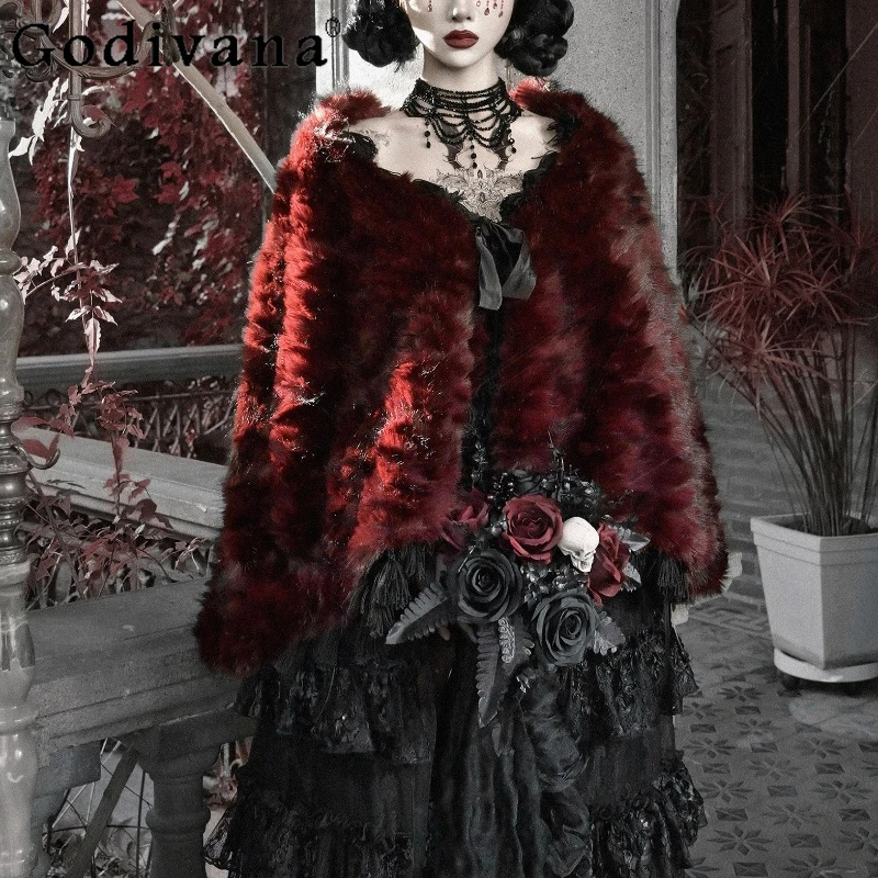 Mantella Gotica Rossa Romantica con Pelliccia, Cappotto Invernale Femminile in Stile Giapponese, Dolce Scialle Oversize a Maniche Lunghe per Donne