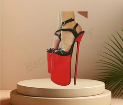 Sandalias de tacón superalto para Mujer, zapatos de plataforma en el tobillo con hebilla, tacón alto fino, color negro y rojo, 2023