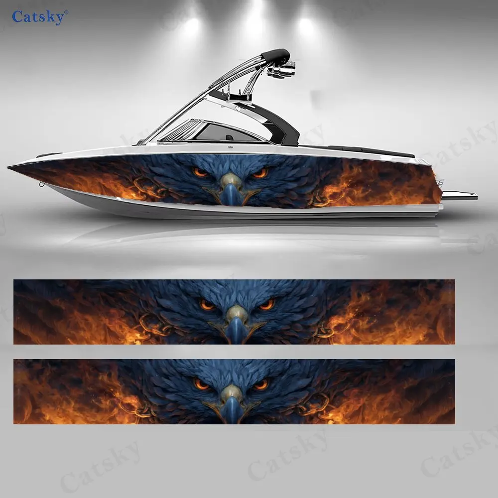 2Pcs Flame Winged Blue Hawk Boat Stickers, PVC Waterproof Durable Vinyl Wrap Decals for Fishing Boat, Durable and Stylish Design