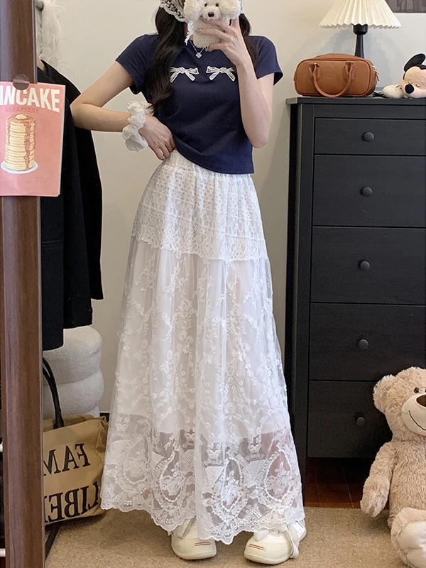 

plus Size High Waist Lace A-Line Skirt Women's Casual Sweet Style Meat Covering Slimming Half Body Skirt Fairy Skirt Set