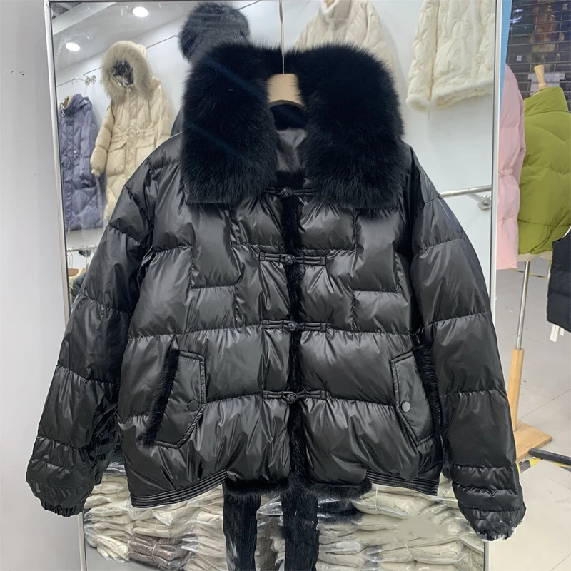 2022 Women Autumn Winter Loose Padded Solid Color Jacket Short Stand Fur Collar Vintage Chinese Buckle White Duck Down Coat