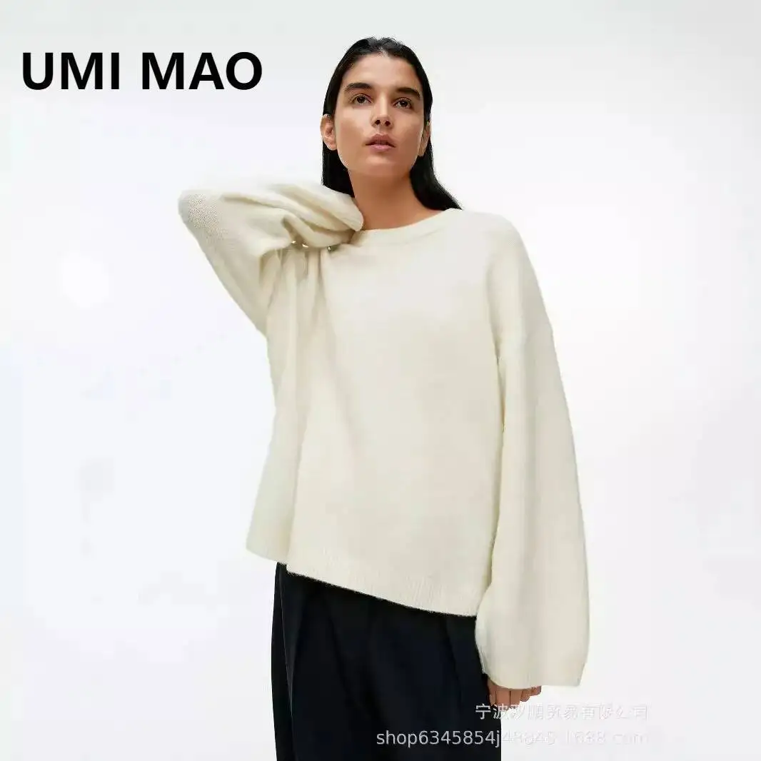 

UMI MAO Top Autumn Winter American Style Lazy Soft Gray Pullover Sweater Women Loose Thickened Cashmere Round Neck Knitted Femme