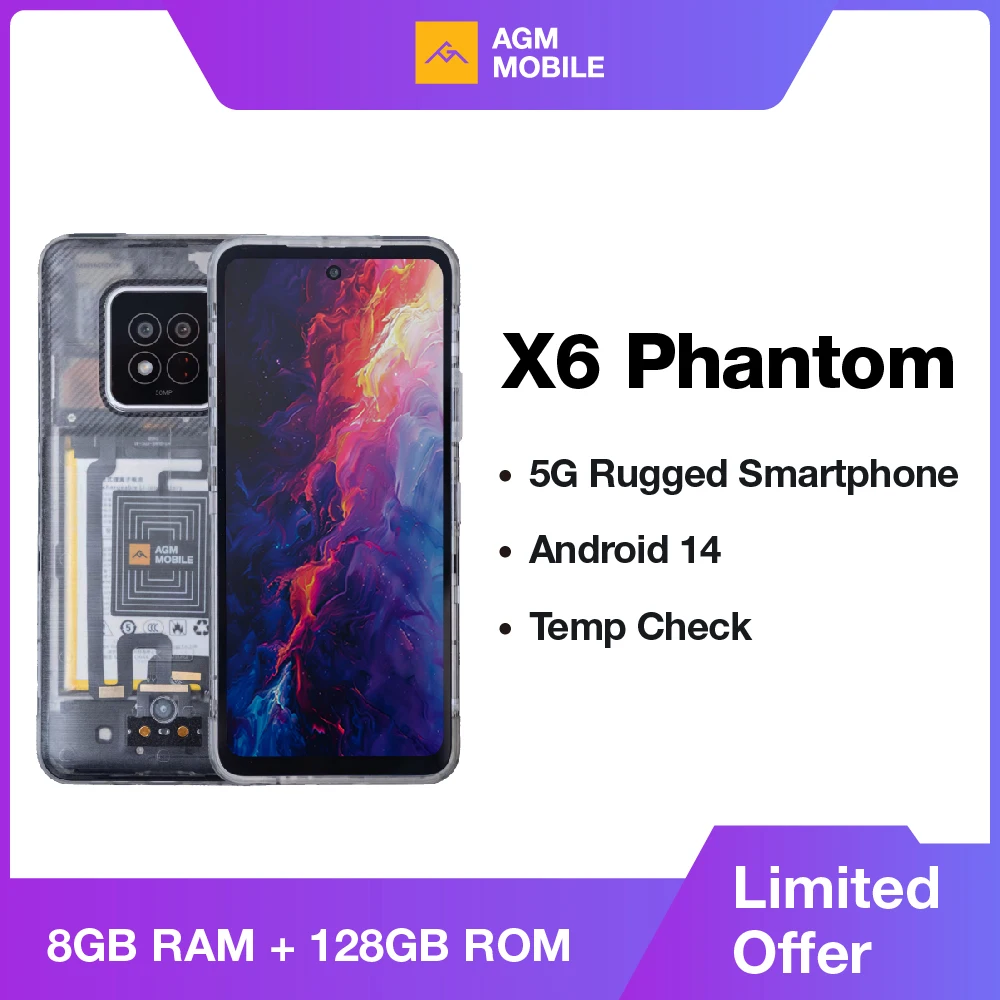 AGM-Smartphone X6 Phantom 5G, téléphone robuste, 6.78 "FHD +, 5000mAh, 8 Go + 128 Go, contrôle de la température, Android 14, 50MP, NDavid, touristes