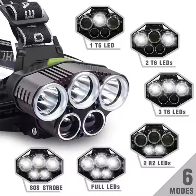 Linterna frontal de 5 LED recargable, 6 modos, lámpara de acampada al aire libre para pesca y senderismo