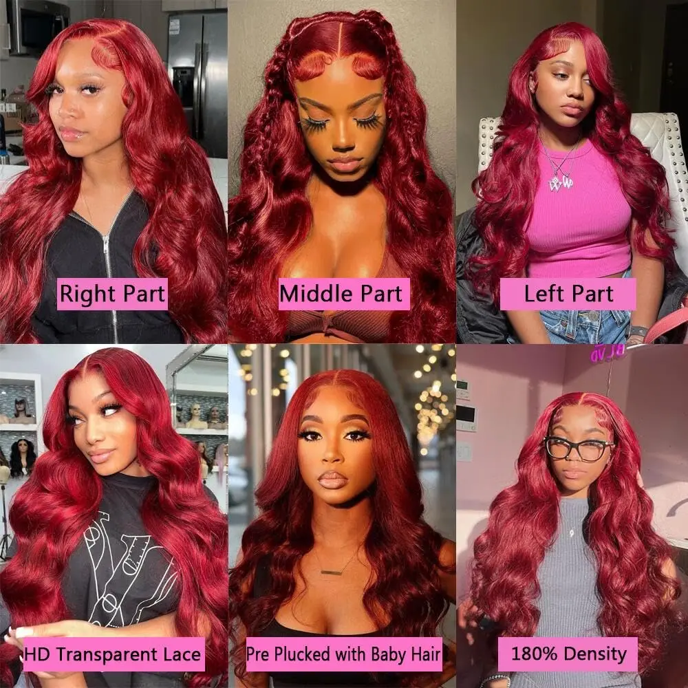 99j Burgundy 13x6 Hd Lace Frontal Human Hair Wigs Transparent Colored Body Wave Red Lace Front Wig 4x4 5x5 Closure Wig For Women